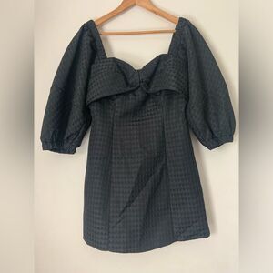 Mimi & Dottie Elegant Black Puff Sleeve Dark Coquette Textured Romantic Dress